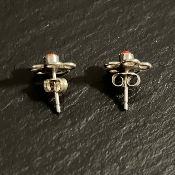 Handmade Sterling Silver Red Fire Opal Post Earrings - Picture 4 of 9